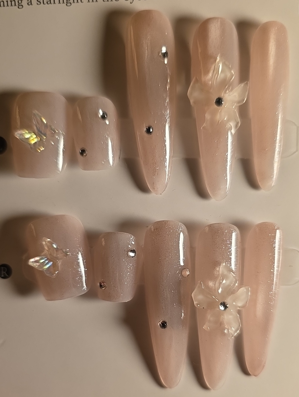 Sheer Blush Pink Press-On Nails with Rhinestone & Floral Accent Size Med